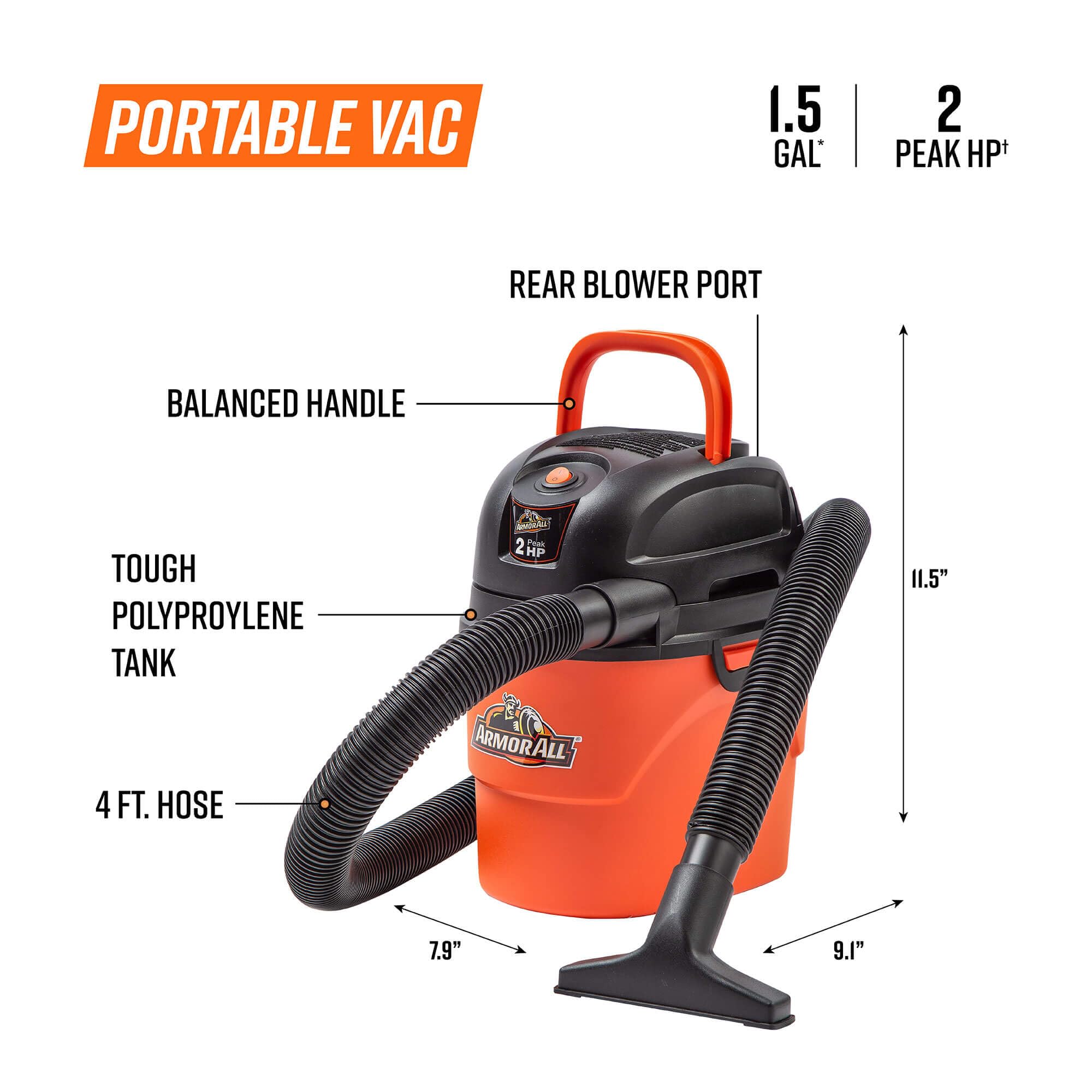 Armor All® AA155 1.5-Gallon 2 Peak HP Portable Wet/Dry Vacuum, Orange - Image 3