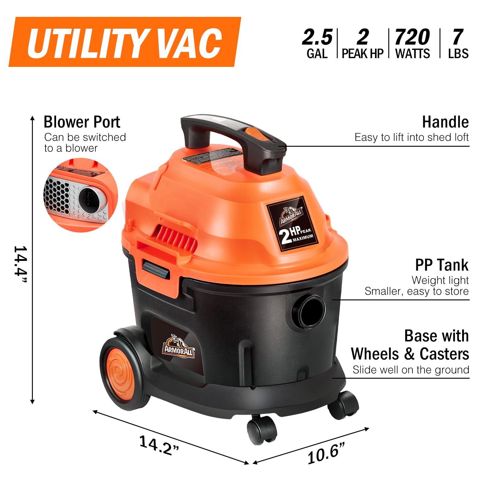 Armor All AA255W Wet/Dry Utility Vac 2.5 Gallon, 2.5-Gallon,120 Volts (AC), Orange/Black - Image 3