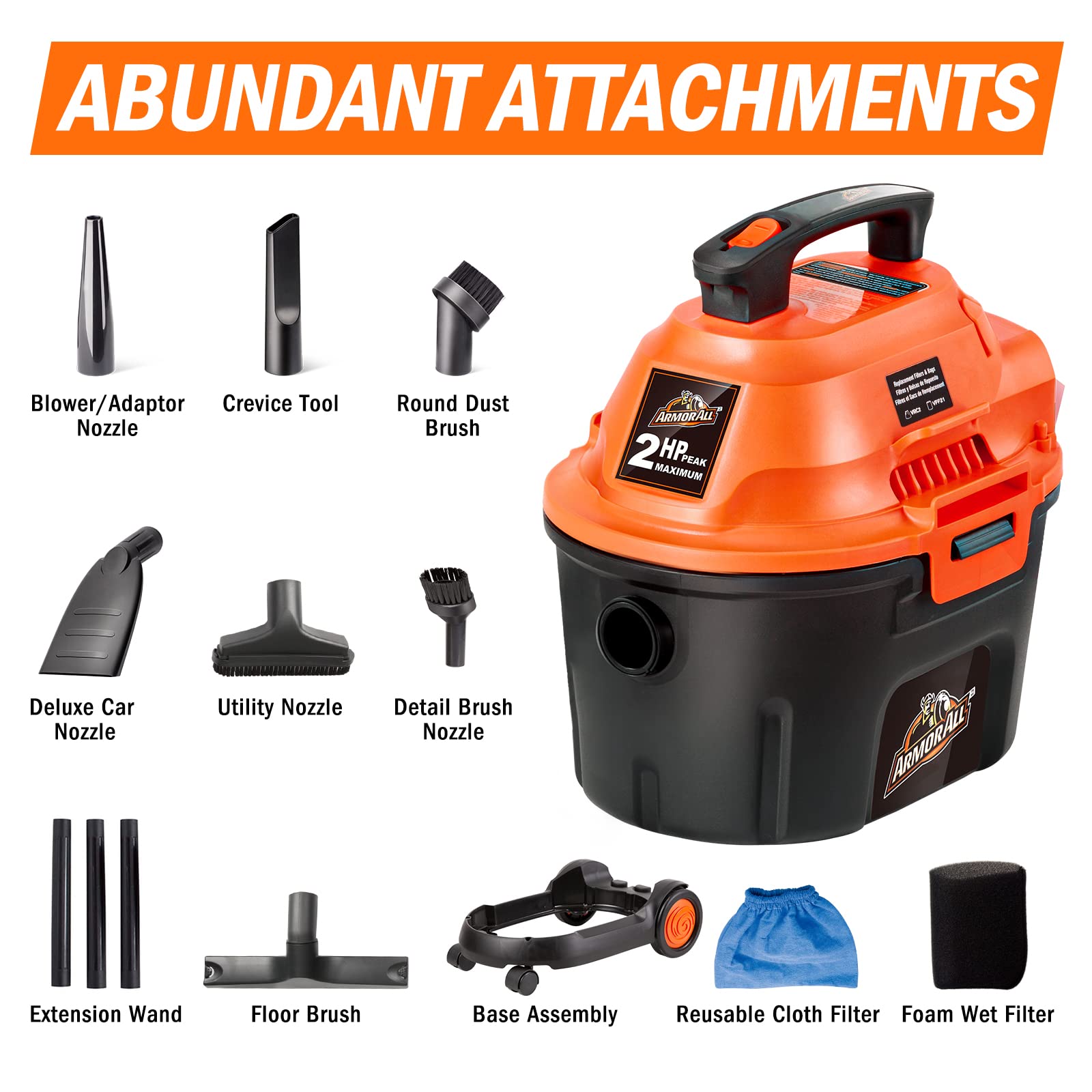 Armor All AA255W Wet/Dry Utility Vac 2.5 Gallon, 2.5-Gallon,120 Volts (AC), Orange/Black - Image 4