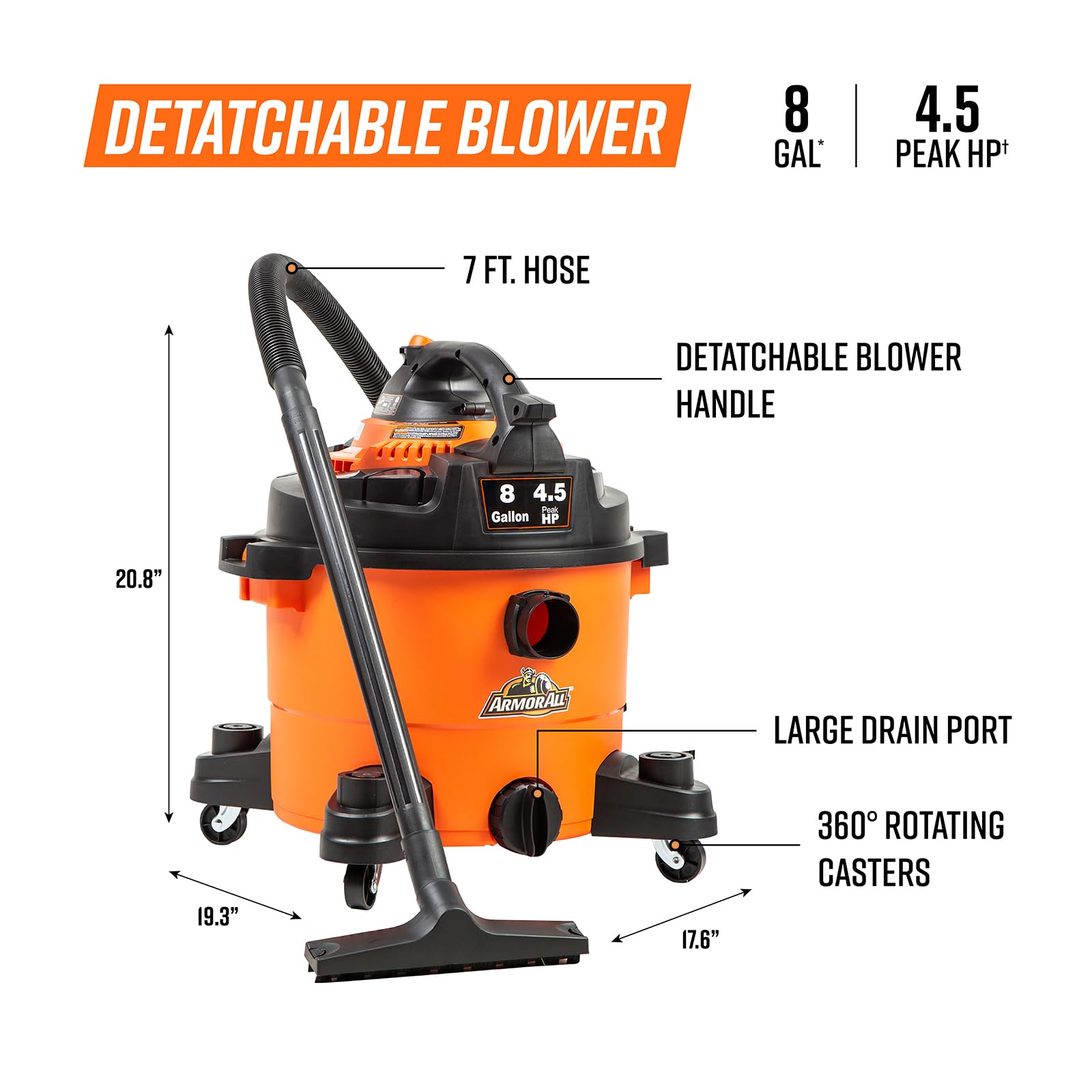 Armor All VBV809 0901 8-Gallon 4.5 Peak HP Wet/Dry Vacuum with Detachable Blower, Orange - Image 3