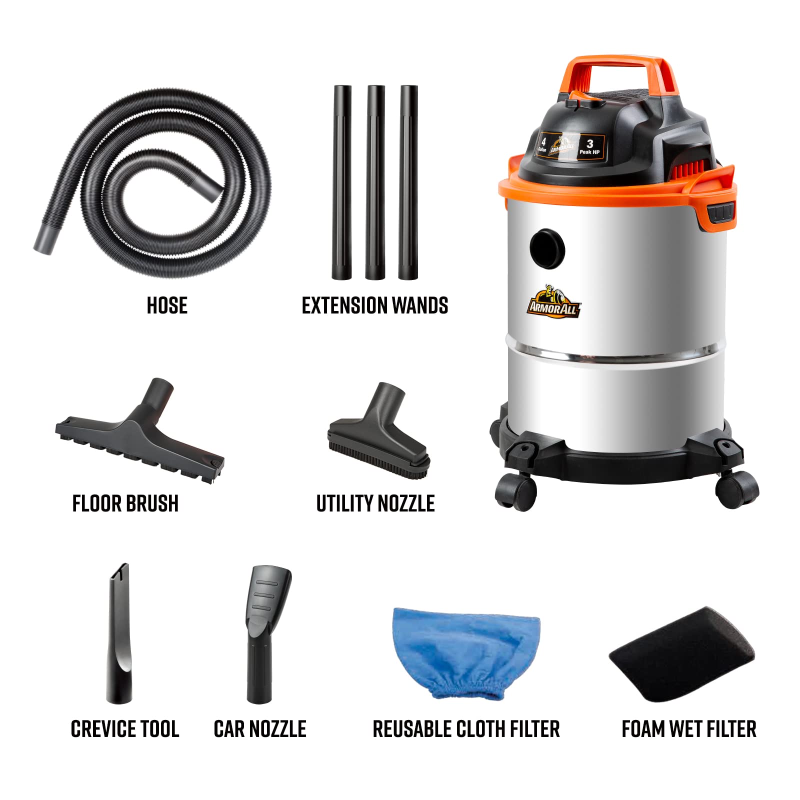 Armor All VO408S 0901 4 Gallon 3 Peak HP Stainless Steel Wet/Dry Vacuum, Orange - Image 3