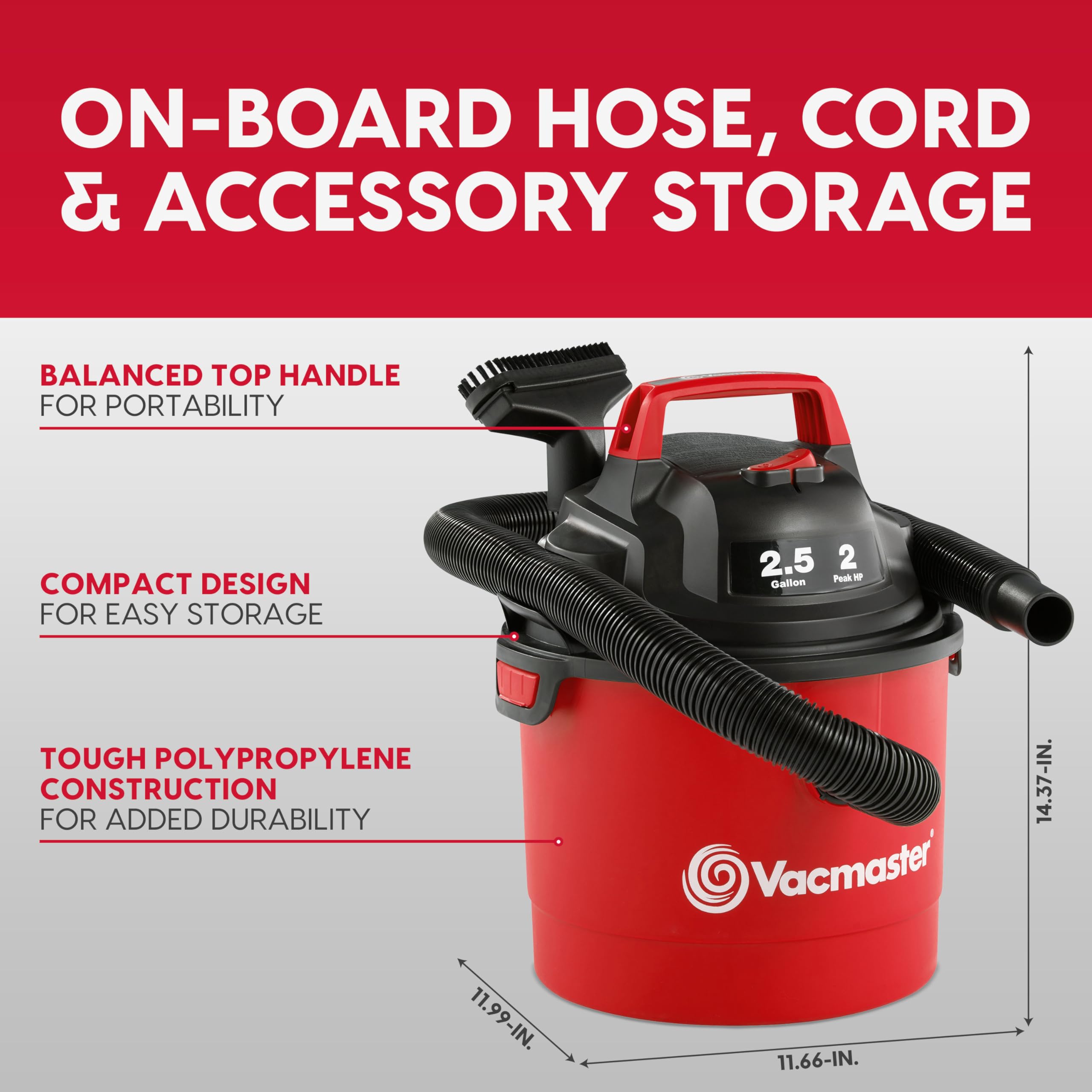 Vacmaster 2.5-Gallon* 2 Peak HP Wall Mountable Wet/Dry Vacuum – VOM205P 1101 - Image 9