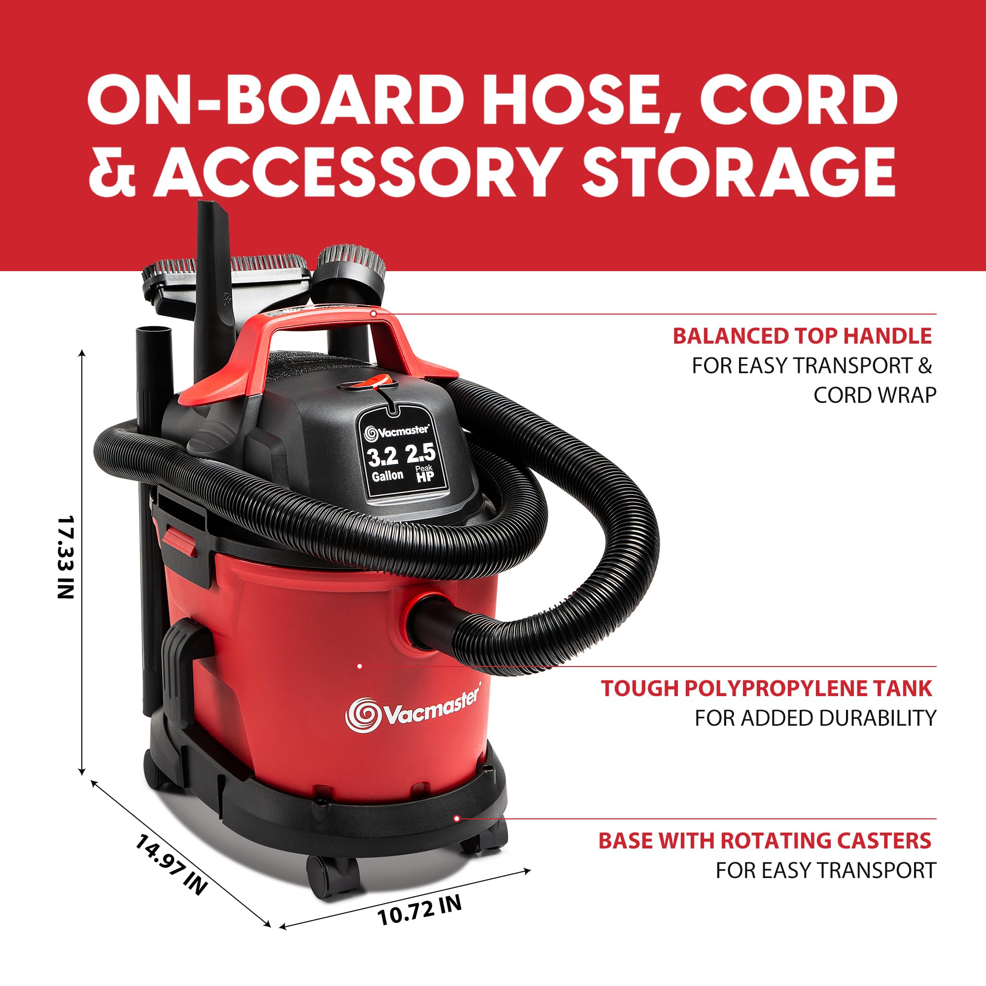 Vacmaster 3.2-Gallon* 2.5 Peak HP Wet/Dry Vacuum – VHB305M 1101 - Image 7