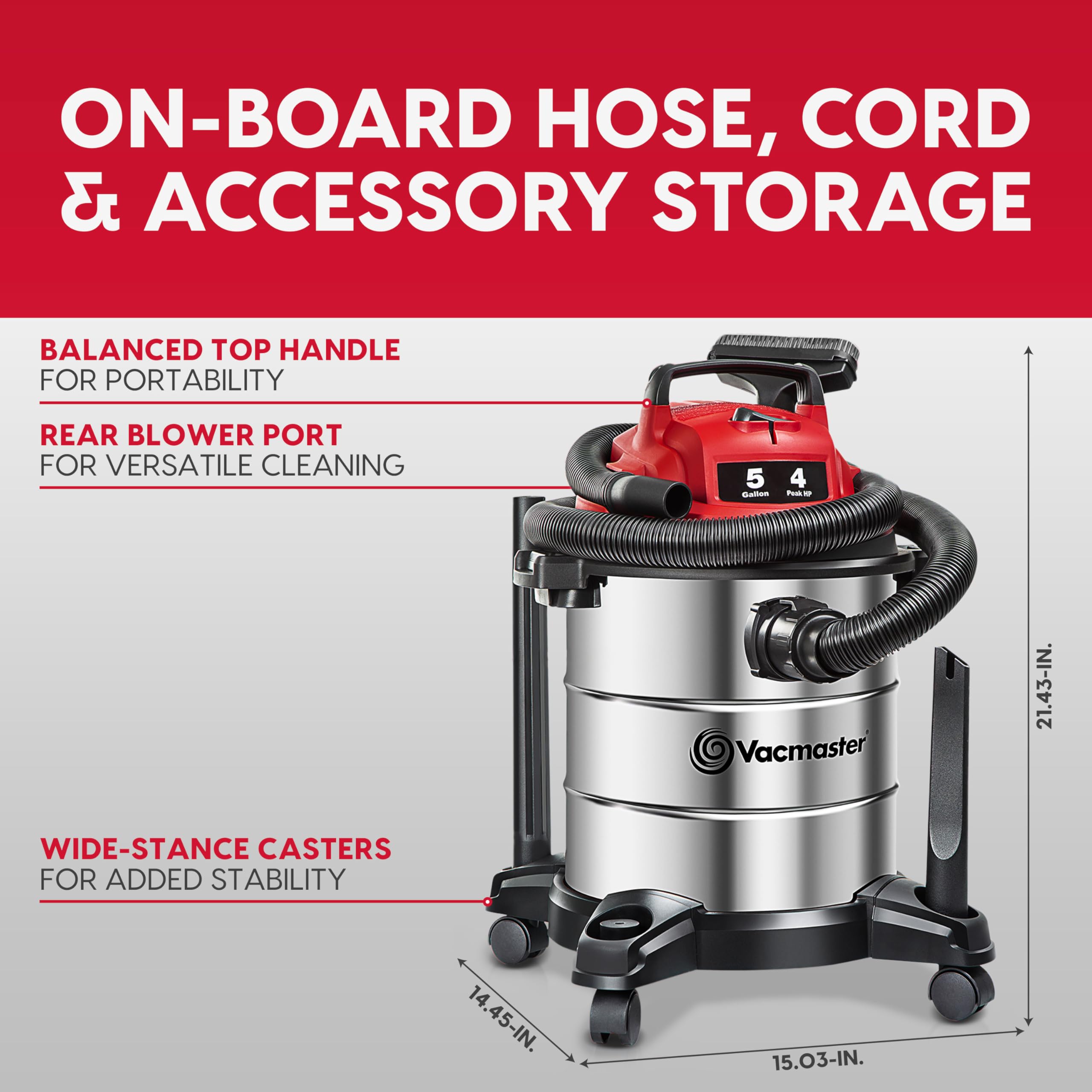 Vacmaster 5-Gallon* 4 Peak HP Stainless Steel Wet/Dry Vacuum – VOC508S 1101 - Image 8