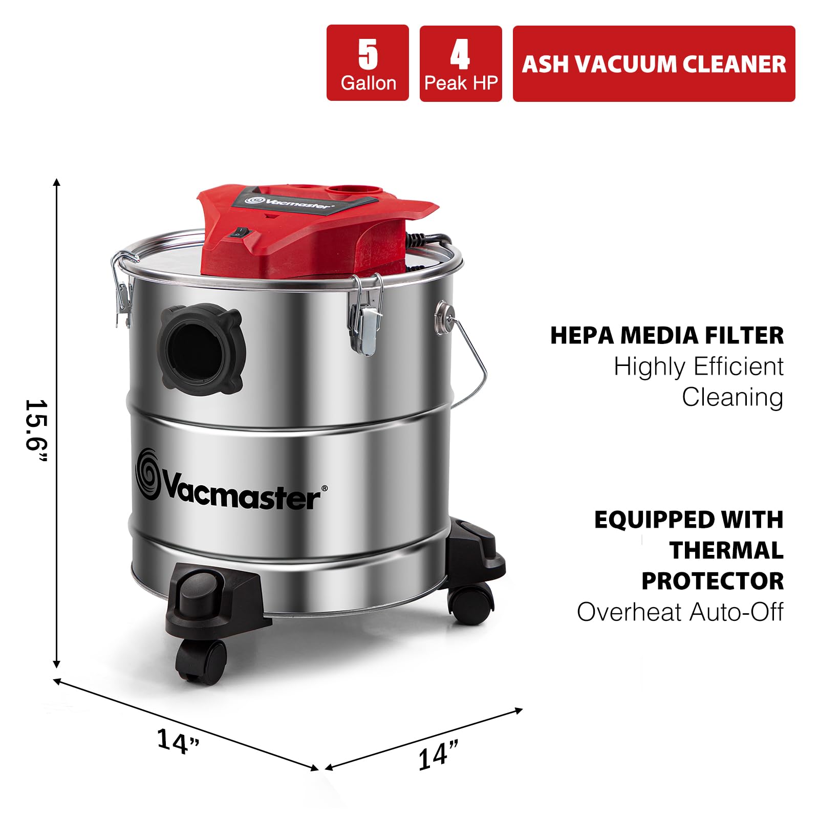 Vacmaster Vac EAV508S 1102 5-Gallon 3.5 Peak HP Premium Stainless Steel Ash Vacuum, Red Edition - Image 3
